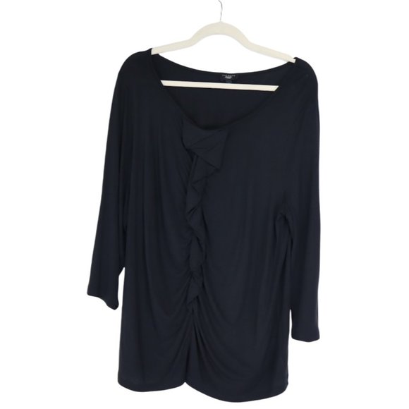 Talbots Women's Size 1X Front Ruffle Long Sleeve Black Top - Picture 2 of 5